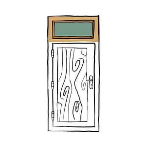 A black and white illustration of a door with a glazed panel sitting above the door. The glazed panel is coloured, highlighting this as the transom window.