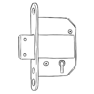 A black and white diagram of a mortice deadlock. This lock can only be opened with a key and doesn not include a space for a handle.