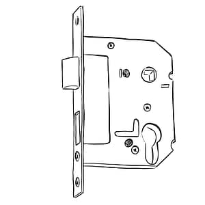 A black and white outline diagram of a mortice sashlock. This lock includes a mechanism for a handle to be installed within the lock
