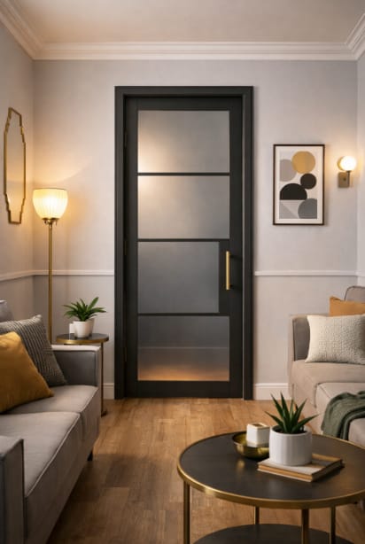A glazed black internal door