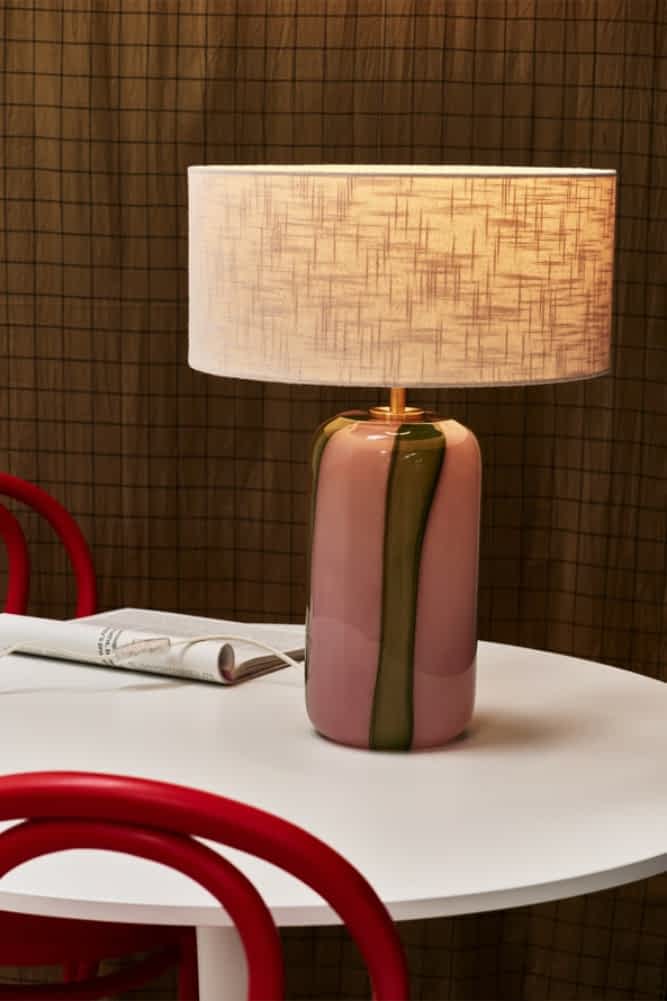 Art Deco Lamp. Pink milky glass base with green vertical accents