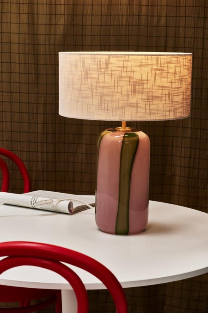 Art Deco Lamp. Pink milky glass base with green vertical accents