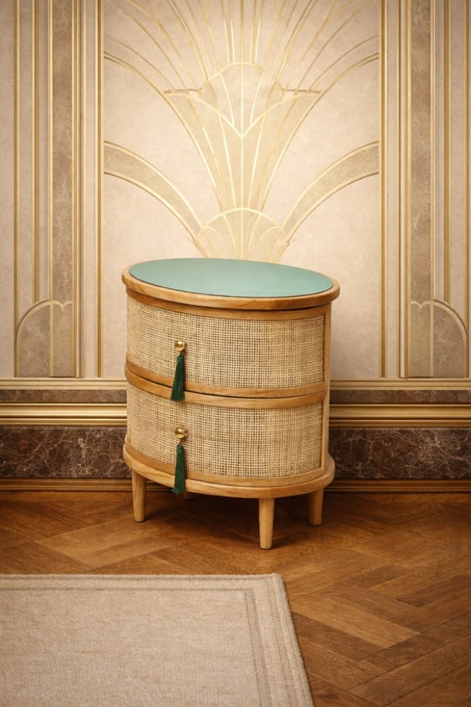 Art Deco Side Table. Light Blue surface with a natural wooden and tweed base.