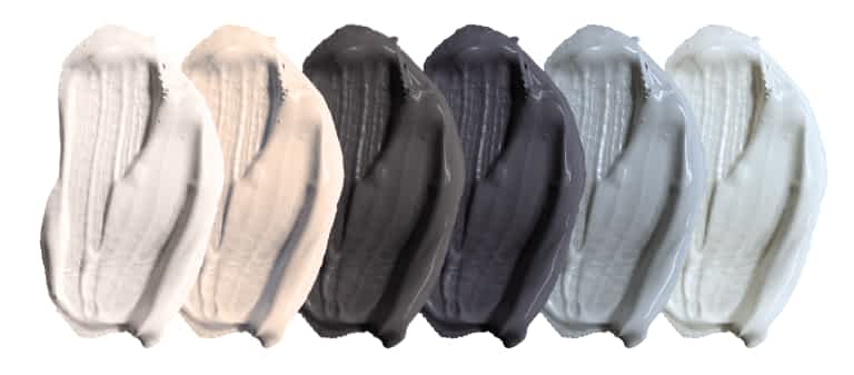 A swatch of neutral colours, from left to right: off white, beige, charcoal, black, dark grey, light grey.