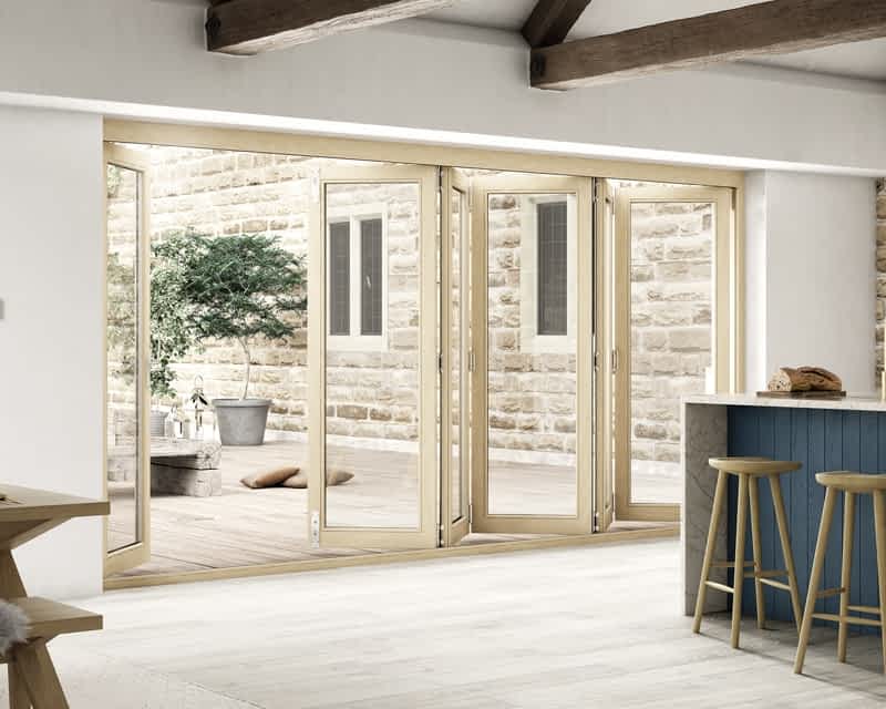 4200mm Icon Oak Part Q Compliant 5+1 Bifold Doors - Open