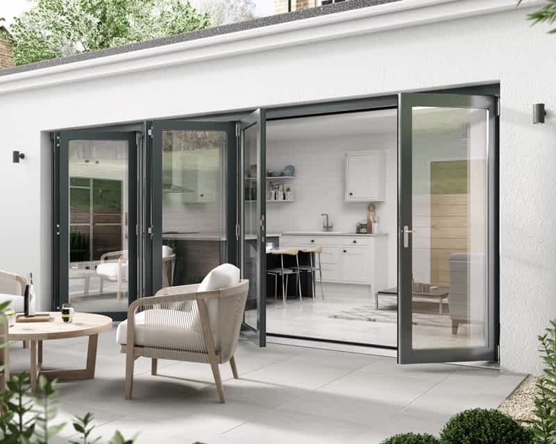 4800mm grey aluminium external bifold doors. 5 door panels on one side, 1 door panel on the other