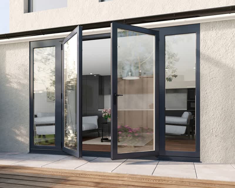 Glazed grey external aluminium french door. 3000mm