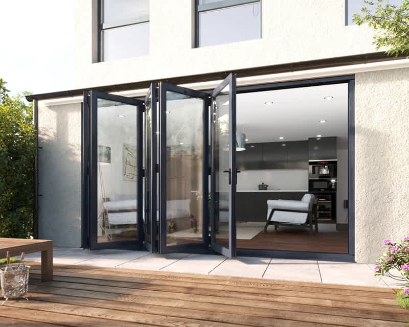 3600mm grey aluminium bifold doors. 5 door panels on one side