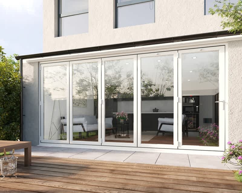 4200mm white aluminium bifold doors. 5 door panels that open to one side