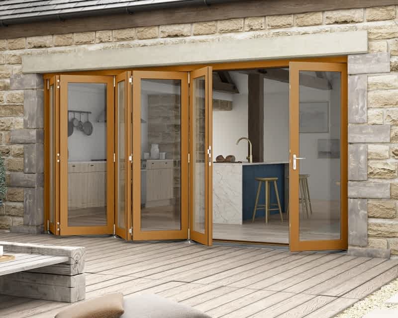 4200mm fully finished oak bifold doors. 5 door panels on one side and 1 on the other