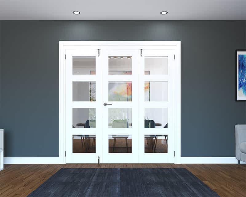 White wooden glazed internal folding french door with three door panels. Each door has four glazed panels. 1682mm