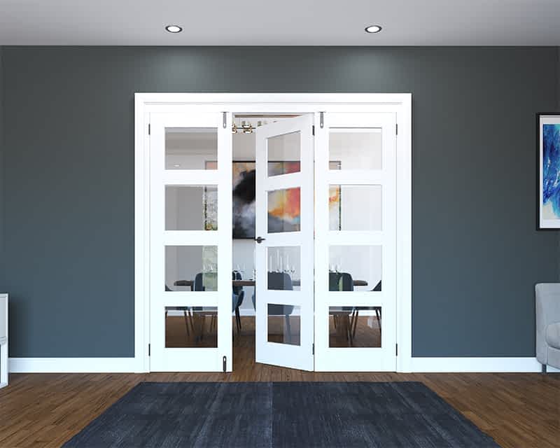 White wooden glazed internal folding french door with three door panels. Each door has four glazed panels. 1682mm