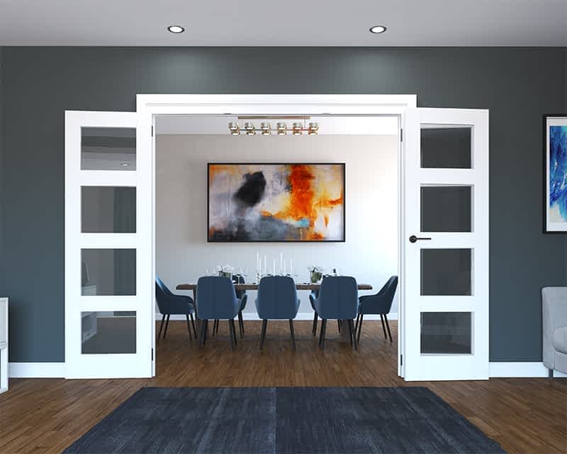 White wooden glazed internal folding french door with three door panels. Each door has four glazed panels. 1682mm