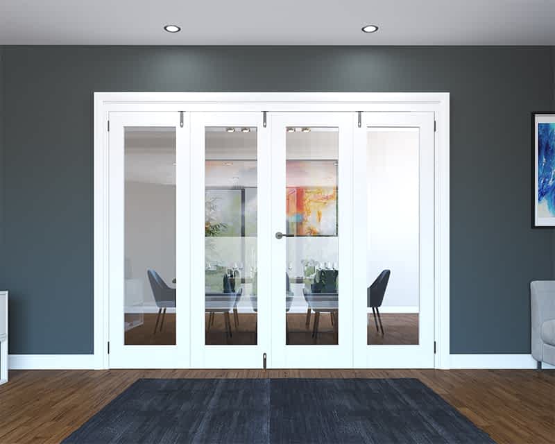 White wooden glazed internal folding french door with four door panels. Each door has one full sized glazed panel. 2216mm