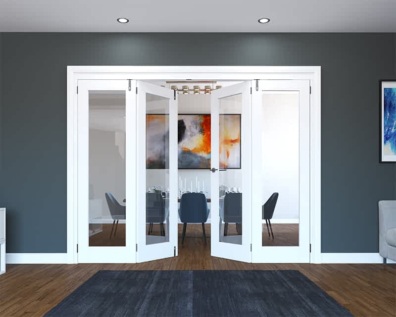 White wooden glazed internal folding french door with four door panels. Each door has one full sized glazed panel. 2216mm