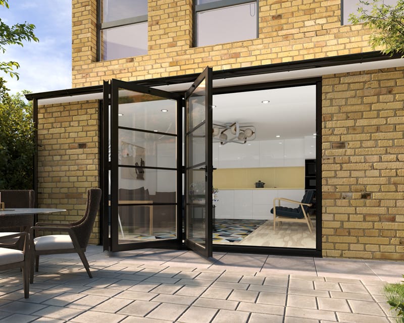 Black industrial bifold doors half open