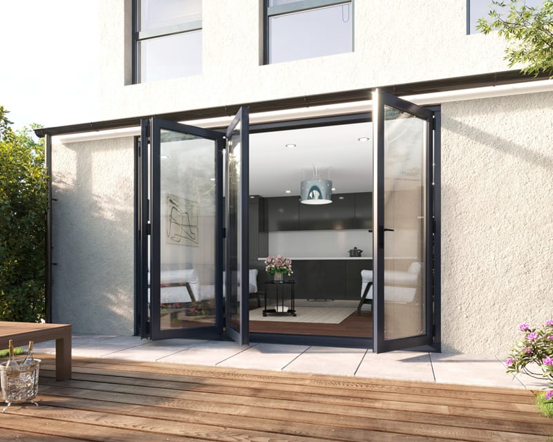 3000mm grey aluminium bifold doors. 3 door panels on one side, 1 door panel on the other side