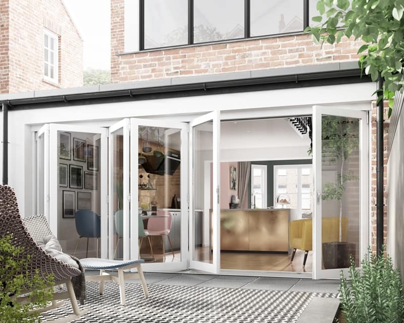 4800mm white external bifold doors. 5 door panels on one side, 1 door panel on the other