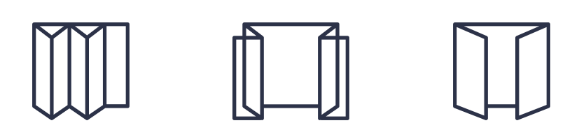 A black and white outline of three doors; bifold, folding french, and french.