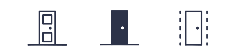 Three icons showing three different single doors - one outline, one filled black, and one showing dotted lines on the left and right side.