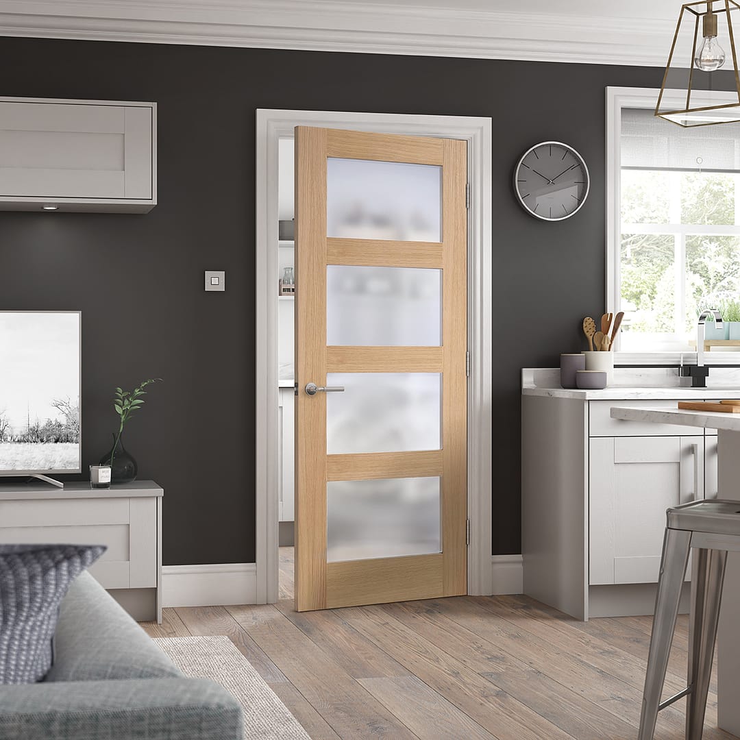 Oak Shaker Glazed 4 Light Frosted Pre-Finished Door Oak Shaker Glazed 4 Light Frosted Pre-Finished Door
