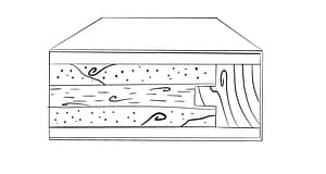 An illustration of the various layers of an engineered door. You see the laminate - a thin layer on top, plus four layers of various solid and engineered wood.