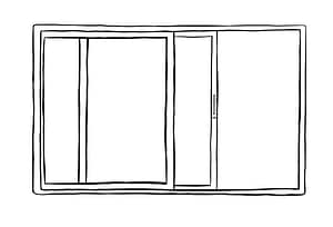 A black outline illustration of a sliding door, halfway open.