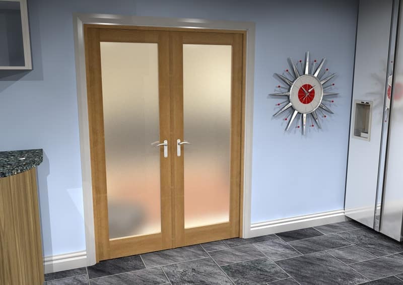 1452mm Vision Unfinished Oak 1 Light Frosted Internal French Doors - Closed
